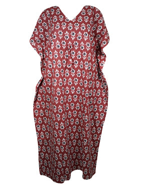 Women, Red, White Floral Beach Kaftan Dress Stylish Long Summer Caftan, One size